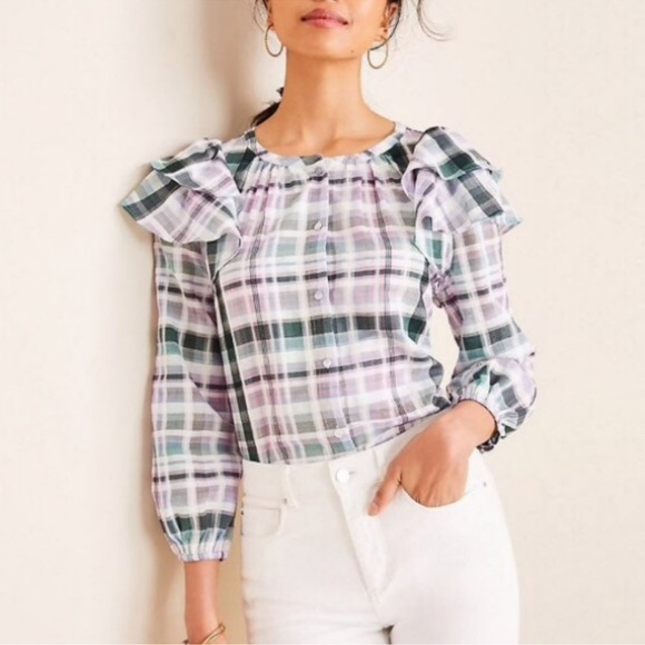 Ann Taylor plaid cotton set ruffle skirt and top medium and sz 6 - Picture 4 of 12